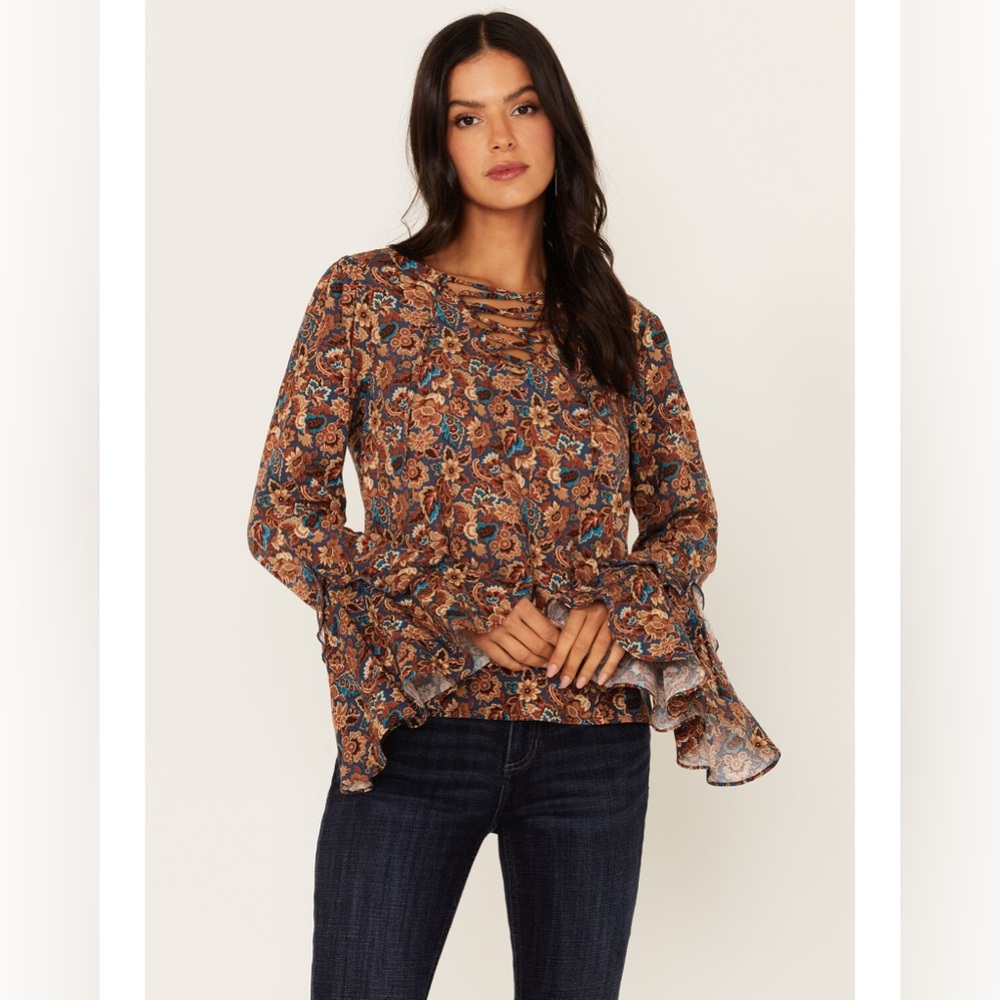 IDYLLWIND WOMEN'S ROUGE PAISLEY‎ PRINT LACE-UP TOP